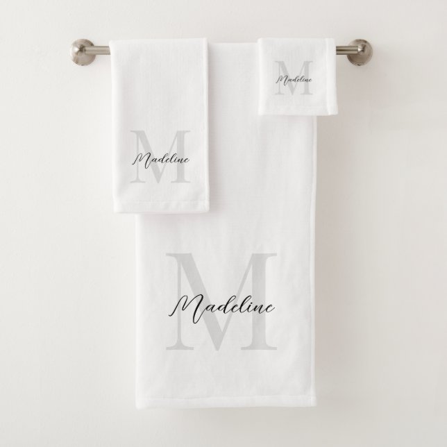 Minimal Script Calligraphy Black White Monogram Bath Towel Set (Insitu)