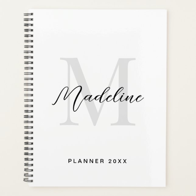 Minimal Script Calligraphy Black White Monogram Planner (Front)