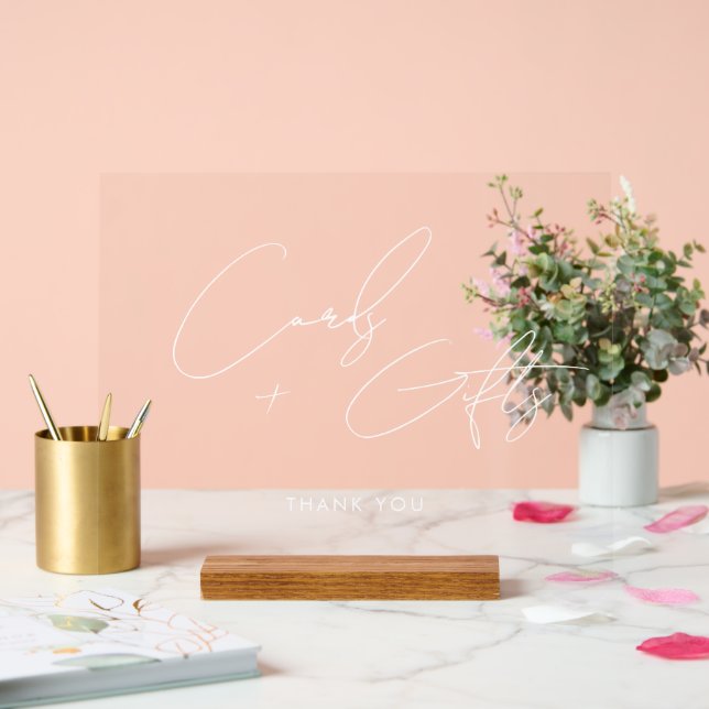 Minimal Script Cards + Gifts Wedding White Acrylic Sign (Wedding)