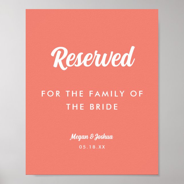Minimal Script Coral Pink Wedding Reserved Sign (Front)