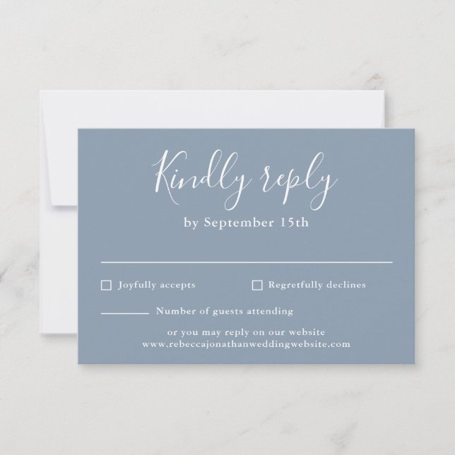 Minimal Script Dusty Blue Wedding RSVP Card (Front)