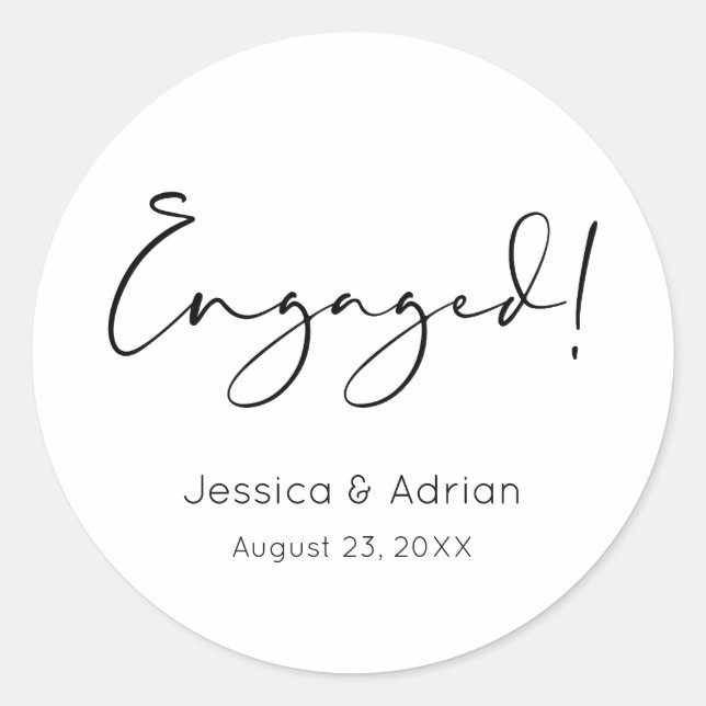 Minimal Script Engaged Engagement Party Classic Round Sticker (Front)