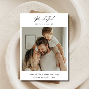 Minimal Script Glory To God Holy Christmas Photo Holiday Card
