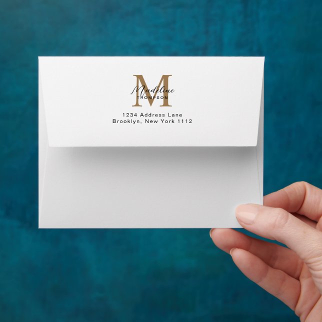 Minimal Script Gold Monogram Address White Envelope (Hand)