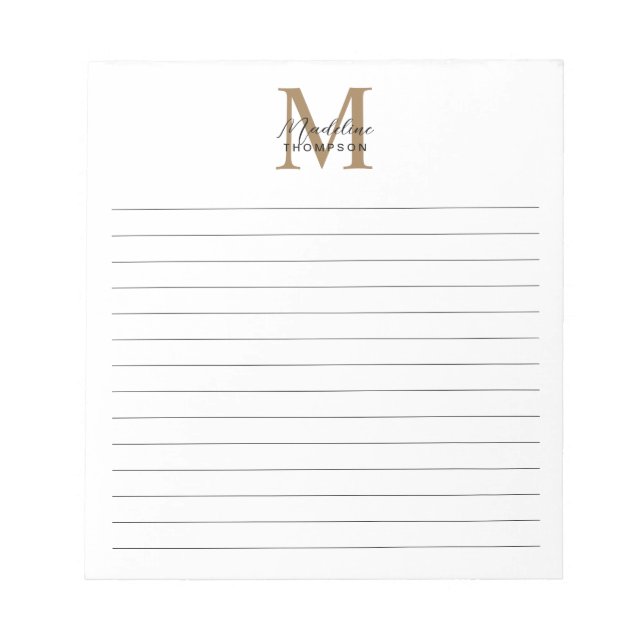Minimal Script Gold Monogram White Lined Notepad (Front)