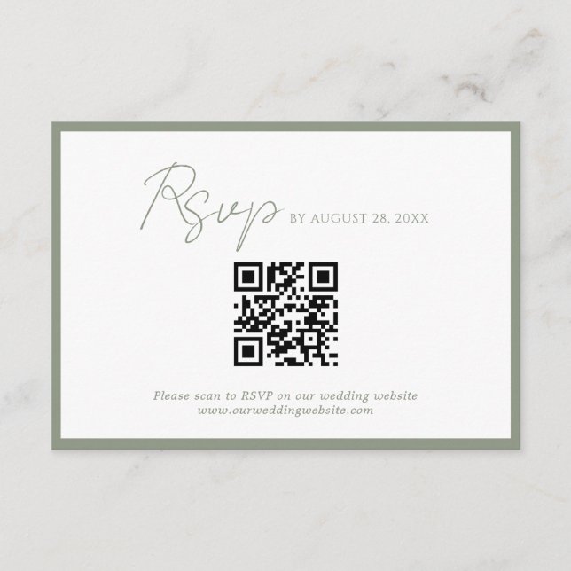 Minimal Script Green Border QR Code Wedding Rsvp Enclosure Card (Front)