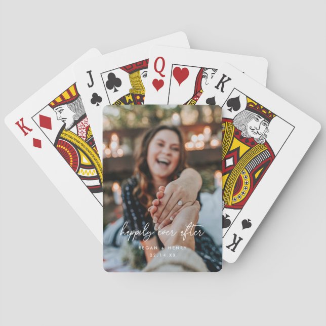 Minimal Script 'Happily Ever After' Couple Photo Playing Cards (Back)