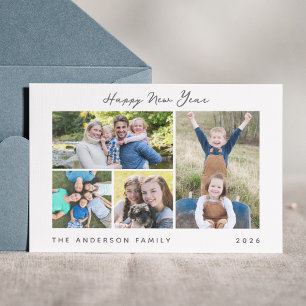 Minimal Script Happy New Year Photo Collage Holiday Card