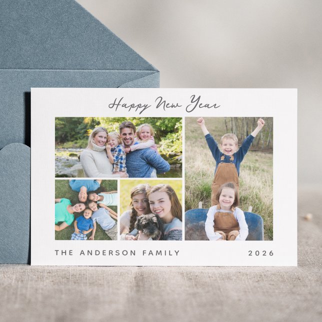 Minimal Script Happy New Year Photo Collage Holiday Card (Creator Uploaded)