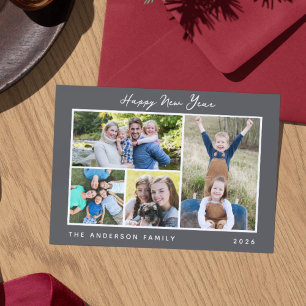 Minimal Script Happy New Year Photo Collage Holiday Card