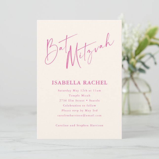 Minimal Script Hot Pink Cream Modern Bat Mitzvah Invitation (Standing Front)