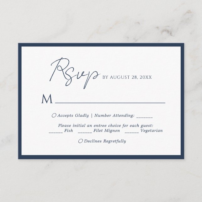 Minimal Script Menu Choice Navy Blue Wedding Rsvp (Front)
