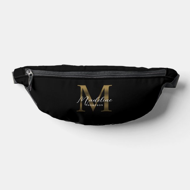 Minimal Script Metallic Black Gold Monogram Bum Bags (Lay Down)