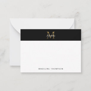 Minimal Script Metallic Black Gold Monogram Card
