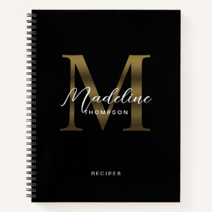 Minimal Script Metallic Black Gold Monogram Recipe Notebook