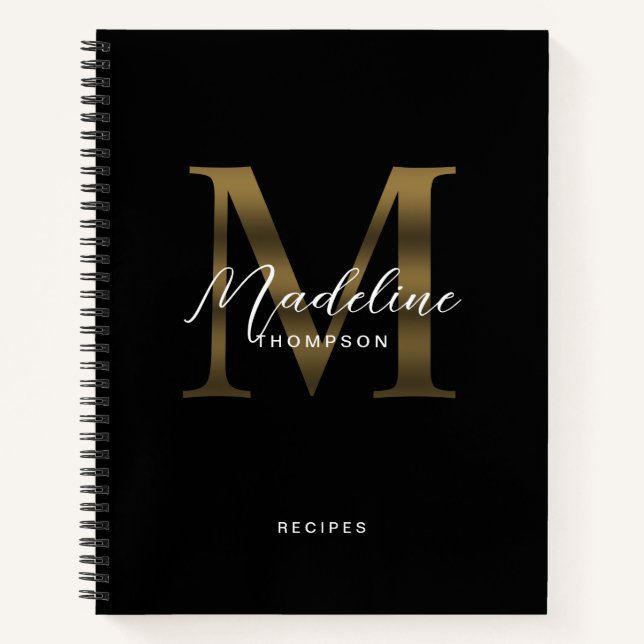 Minimal Script Metallic Black Gold Monogram Recipe Notebook (Front)