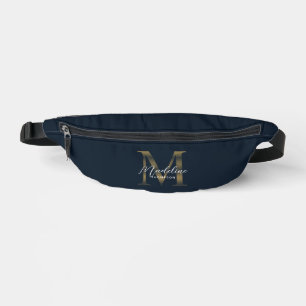 Minimal Script Metallic Navy Blue Gold Monogram Bum Bags