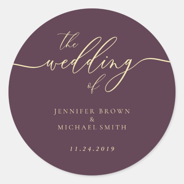Minimal Script Midnight Fig Wedding Classic Round Sticker (Front)
