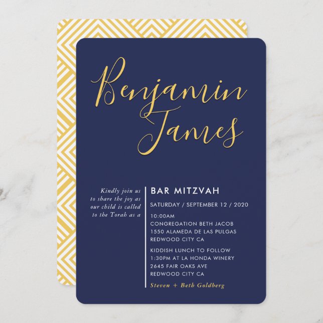 MINIMAL SCRIPT modern Bar Mitzvah navy blue gold Invitation (Front/Back)