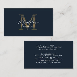 Minimal Script Navy Blue Metallic Gold Monogram Business Card