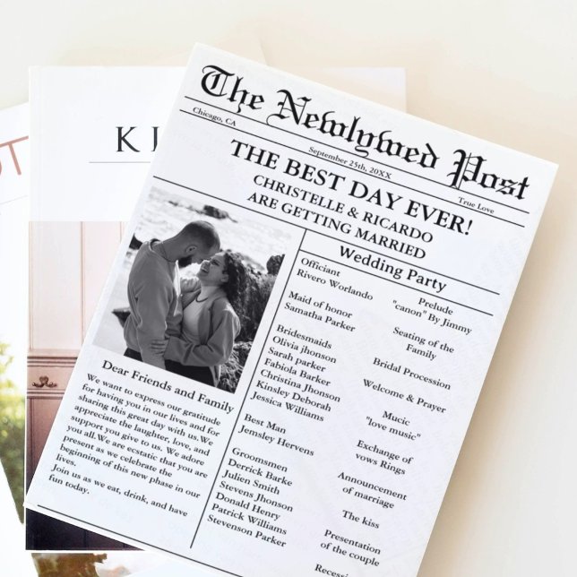 Minimal script newspaper wedding save the date invitation (Creator Uploaded)