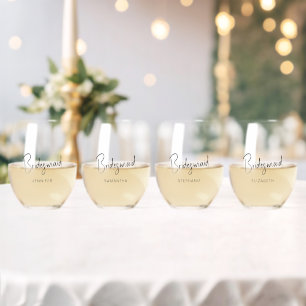 Minimal Script Personalised Wedding Bridesmaid Set Stemless Wine Glass