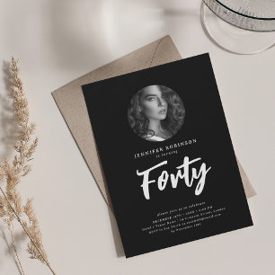 Minimal Script Photo 40th Birthday Party Black  Invitation
