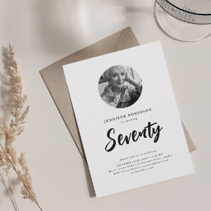 Minimal Script Photo 70th Birthday Black White  Invitation