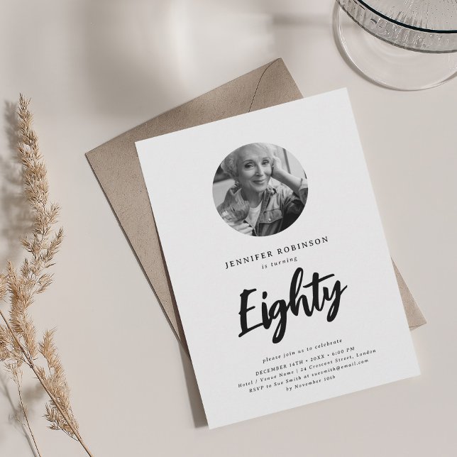 Minimal Script Photo 80th Birthday Black White  Invitation (Minimal Script Photo 80th Birthday Black White Invitation)
