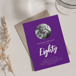 Minimal Script Photo 80th Birthday Party Purple Invitation