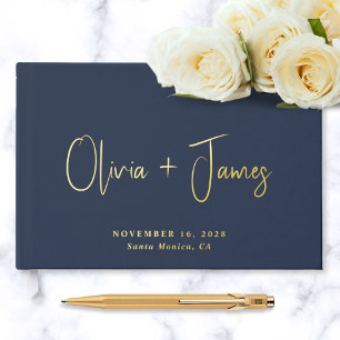 Minimal Script Photo Navy Blue Wedding Guest Book