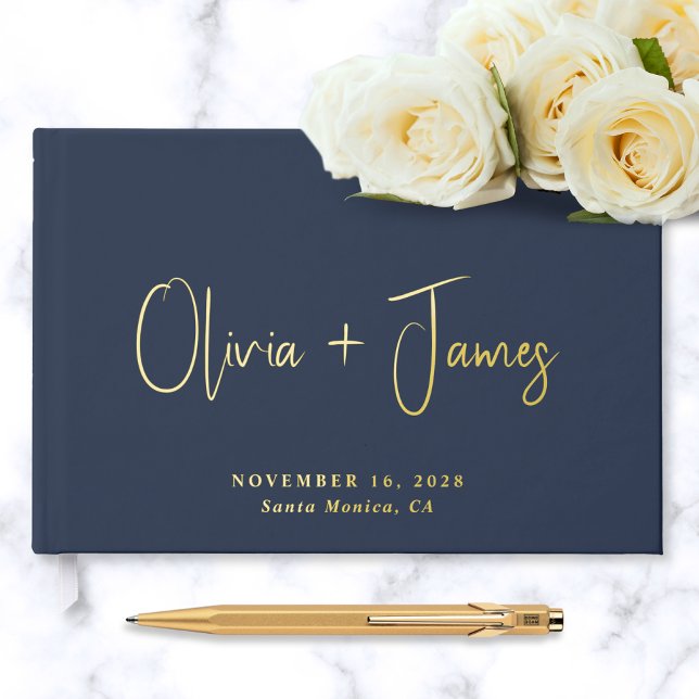 Minimal Script Photo Navy Blue Wedding Guest Book (Creator Uploaded)