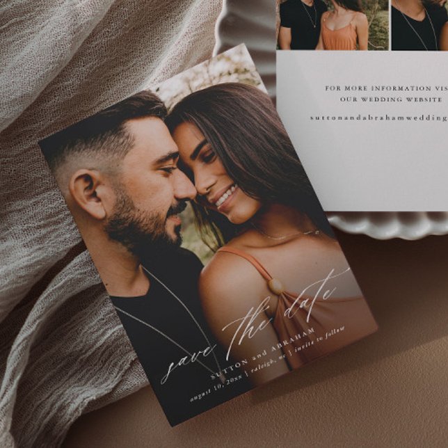 Minimal Script Photo Save The Date (Elegant script 3 photo wedding save the date announcement cards.)