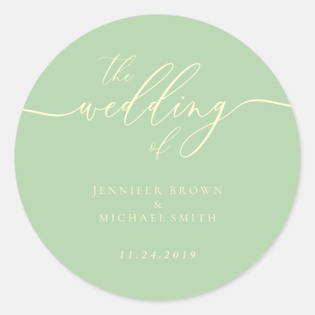 Minimal Script Pistachio & Cream Wedding Classic Round Sticker (Front)