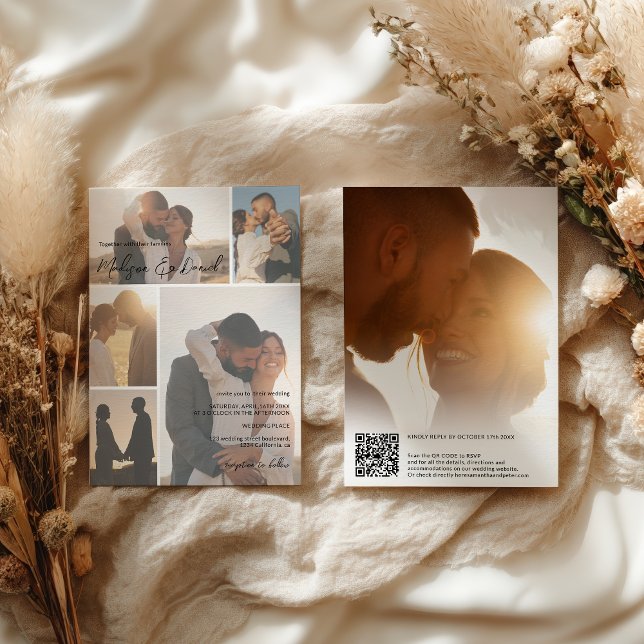 Minimal Script Qr code Names 6-Photo Grid Wedding  Invitation (Modern Script Qr code Names 6-Photo Grid Wedding Invitation)