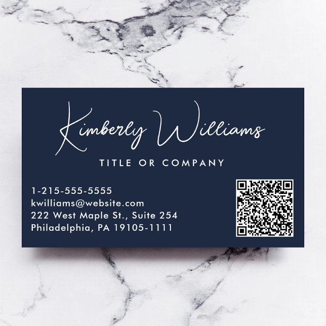 Minimal Script QR Code Professional Blue Business Card (Creator Uploaded)