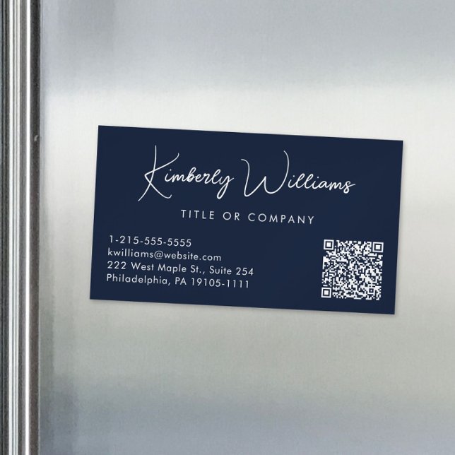 Minimal Script QR Code Professional Blue Magnetic Business Card (Creator Uploaded)