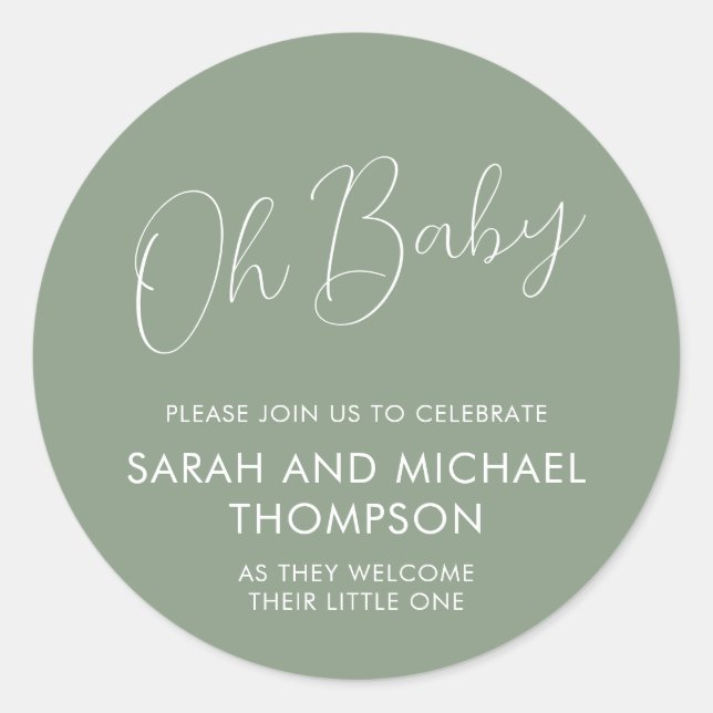 Minimal Script Sage Green Oh Baby Classic Round Sticker (Front)