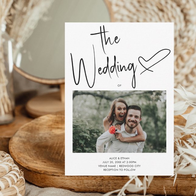 Minimal Script Signature Heart Photo White Wedding Invitation (Creator Uploaded)