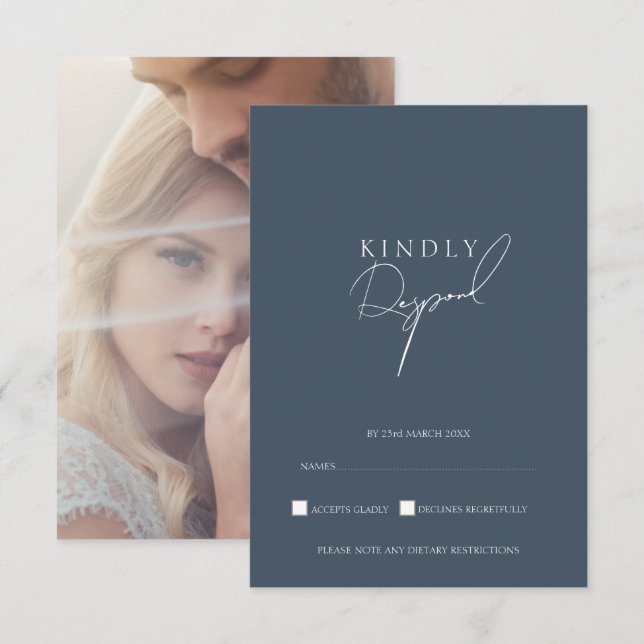 Minimal Script Slate Blue Wedding RSVP Card (Front/Back)
