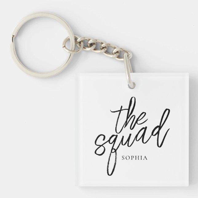 Minimal Script The Squad Bridesmaid Custom Photo Key Ring (Front)