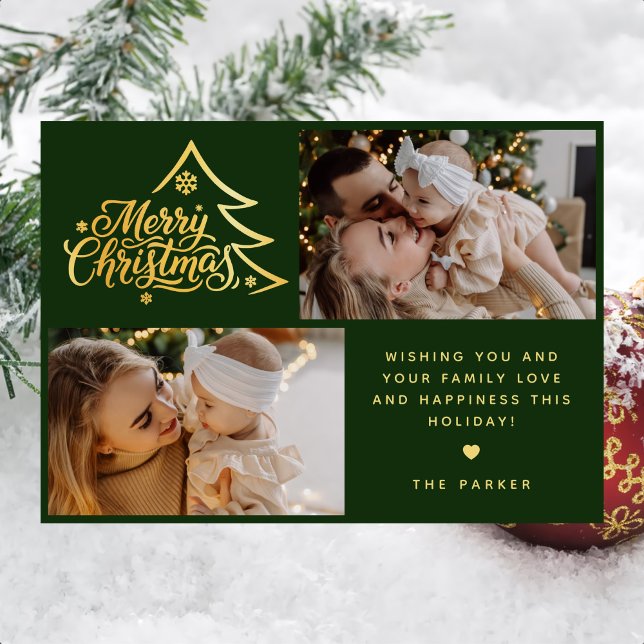 Minimal Script Two Photo Green Merry Christmas Holiday Card (Creator Uploaded)