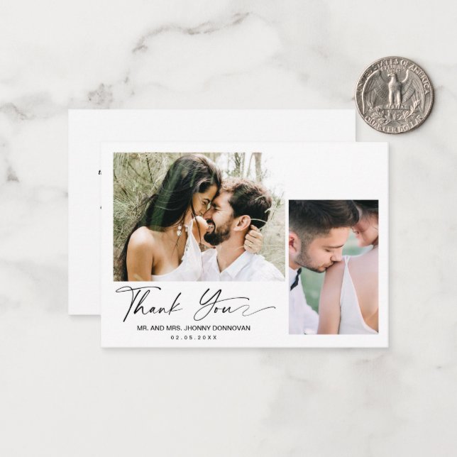 Minimal Script Two Photo Wedding Thank you Card (Front/Back In Situ)