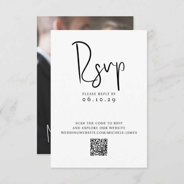 Minimal Script Typography Photo QR Code Wedding RSVP Card (Front/Back)
