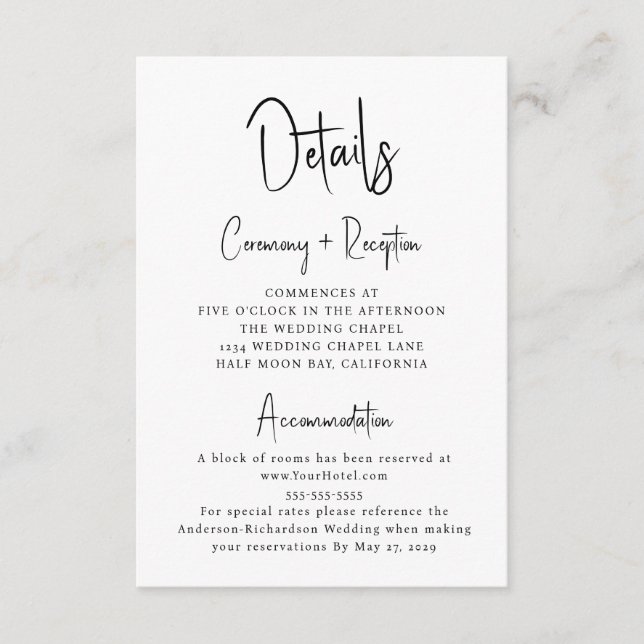 Minimal Script Typography Wedding Details Enclosure Card (Front)
