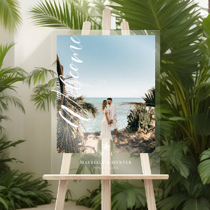 Minimal Script Welcome Wedding Photo Palm Monogram Acrylic Sign