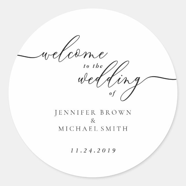 Minimal Signature Custom Name Date Welcome Wedding Classic Round Sticker (Front)