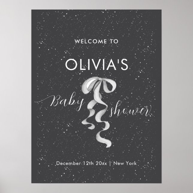 Minimal Silver Bow Winter Snow Baby Shower Welcome Poster (Front)