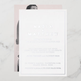 Minimal silver foil on white vertical text wedding