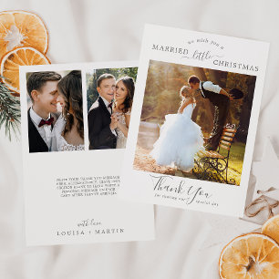 Minimal Silver Married Little Christmas 3 Photo Holiday Card